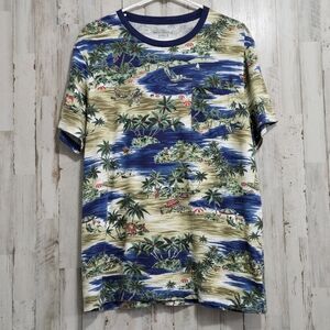 J. Crew Tan Blue Beach Tropical Hawaiian Short Sleeve Men's Shirt Size XL Slim